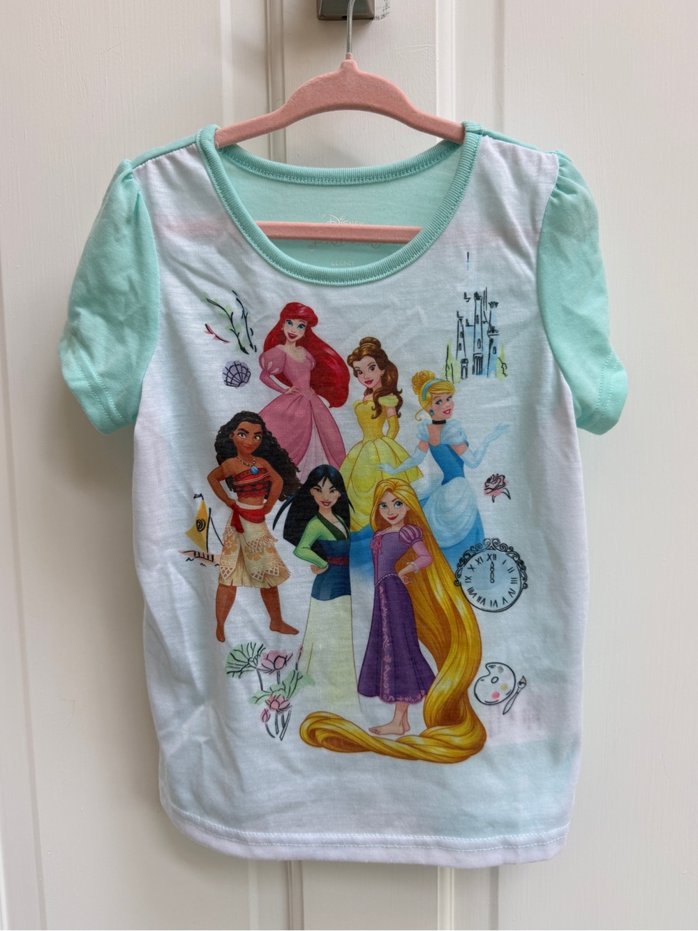 NWOT Disney Girls 4 Mint and White Short-Sleeve Princess Tee Pajama Top Shirt